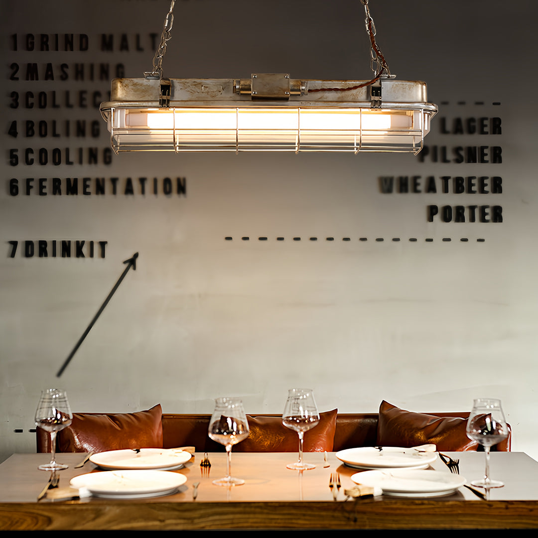 Linear Industrial Pendant Light with Glass Shade, Adjustable Chain