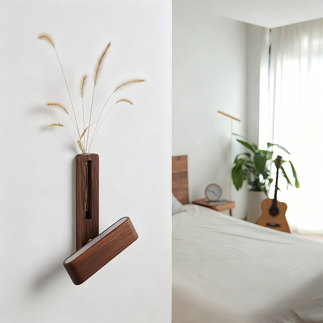Minimalist Wooden Wall Sconce with Glass Vase and Wireless Magnetic Design