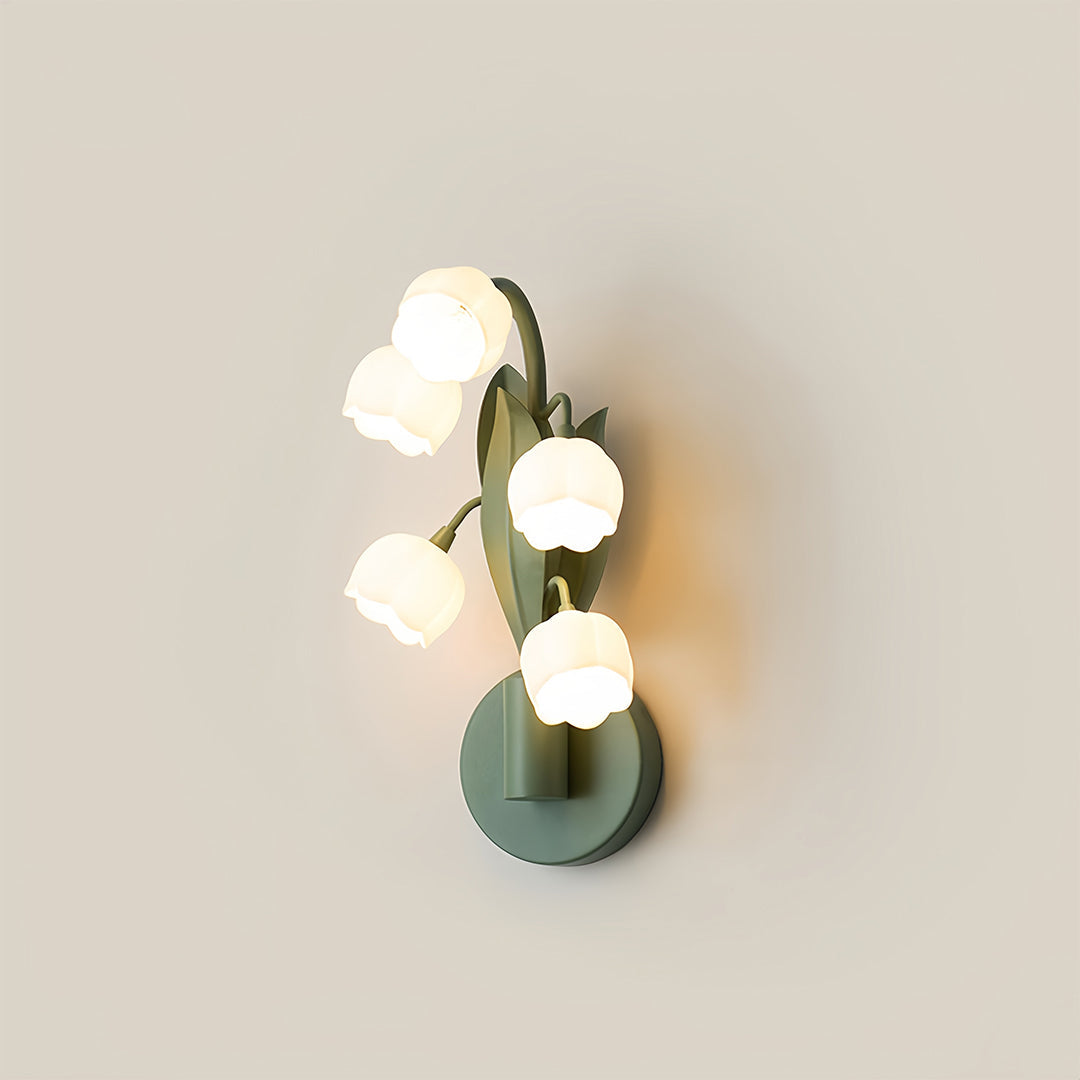 French Country Bellflower Glass Wall Sconce – Green Iron Floral Light