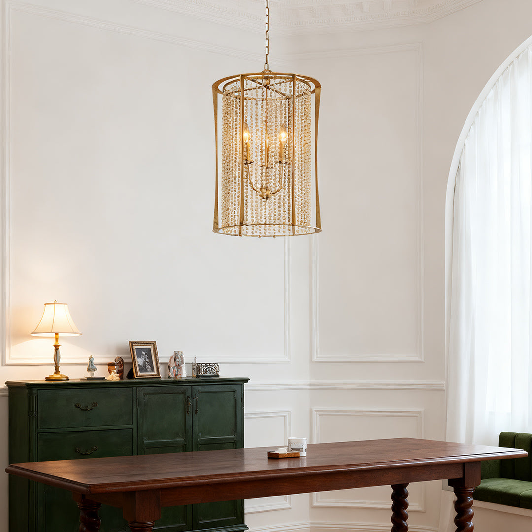 Handcrafted Wood Bead Chandelier with Gold Finish, 3-Light Candle Sockets