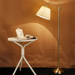 Copper Arc Floor Lamp with Fabric Shade – Vintage Modern Illumination