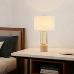 Nordic Geometric Cage Table Lamp with Limestone Base and Fabric Shade