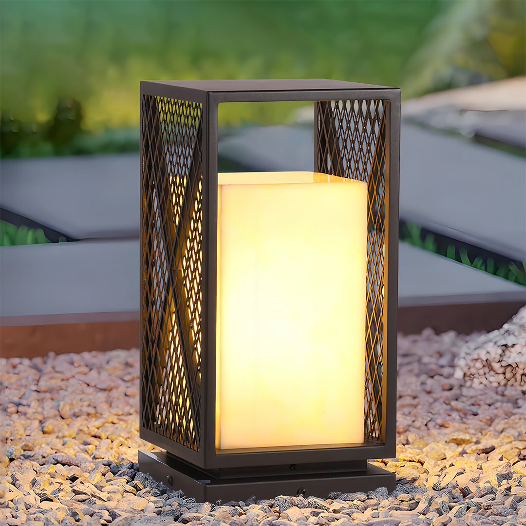 Black Outdoor Floor Lantern with Marble-Textured Shade, IP65 Waterproof Bollard Light