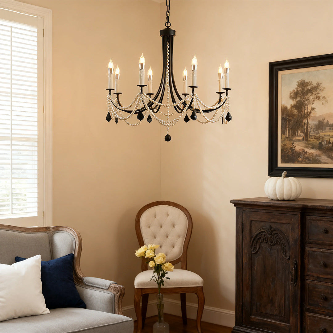 Pearl Crystal Chandelier in Black Iron – Artistic Ceiling Light for Elegant Interiors