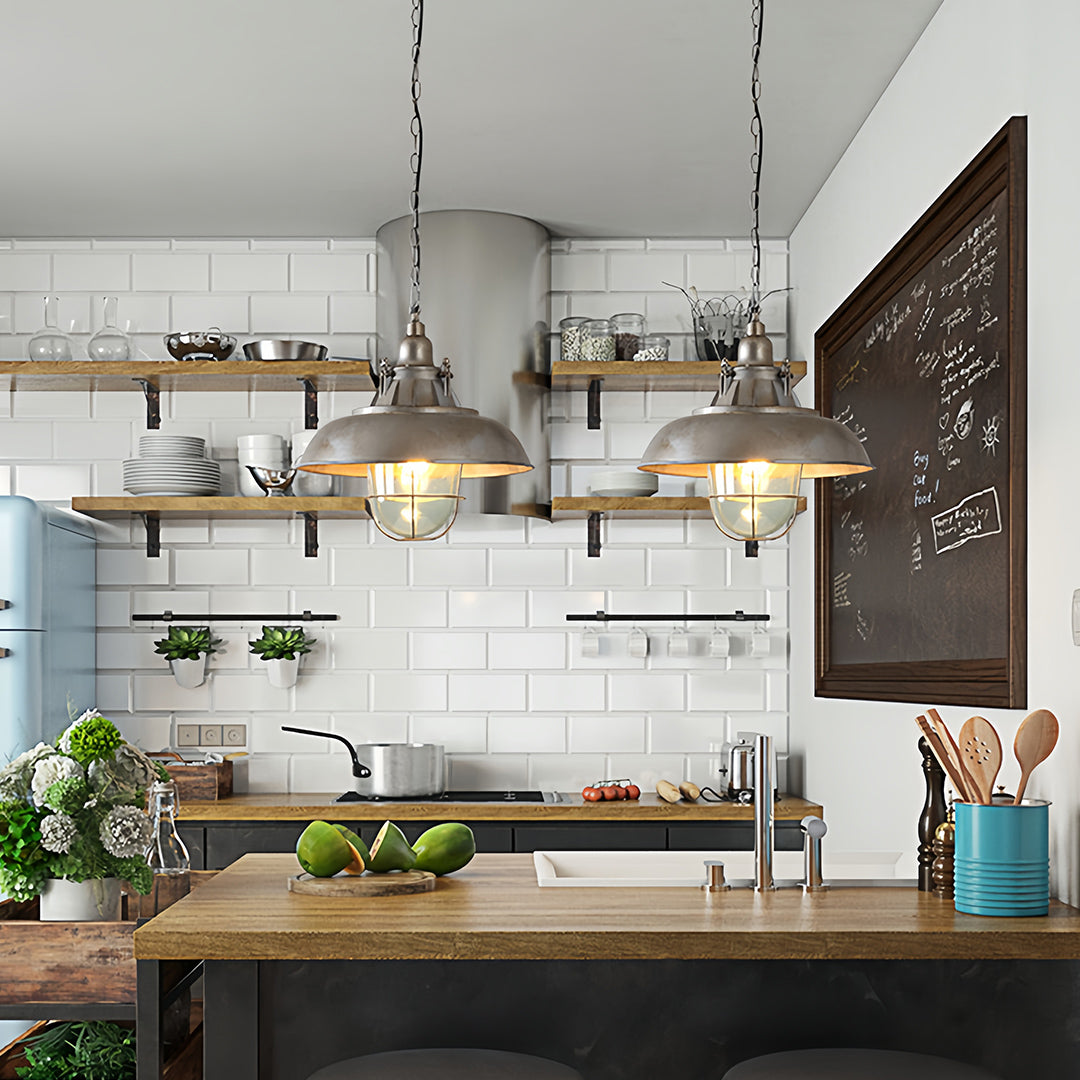 Industrial Glass Pendant Light with Adjustable Chain, Vintage Aluminum Ceiling Lamp