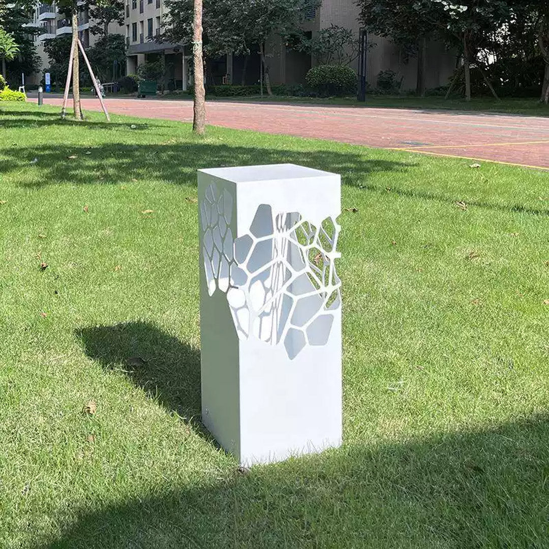 Modern White Outdoor Bollard Light with Hollow Pattern, IP65 Waterproof LED Landscape Lighting