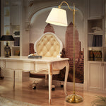 Copper Arc Floor Lamp with Fabric Shade – Vintage Modern Illumination