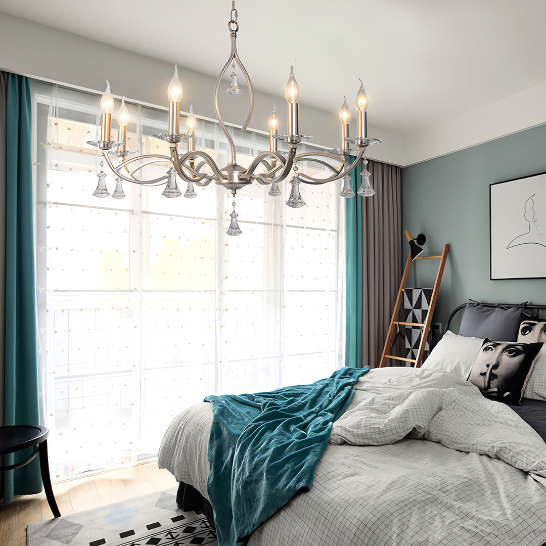 Crystal Candlestick Chandelier with Silver Iron Frame