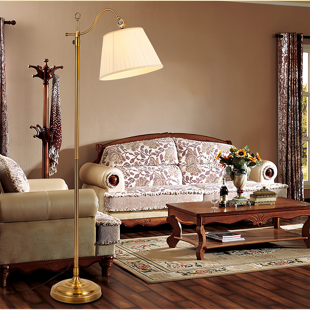 Copper Arc Floor Lamp with Fabric Shade – Vintage Modern Illumination