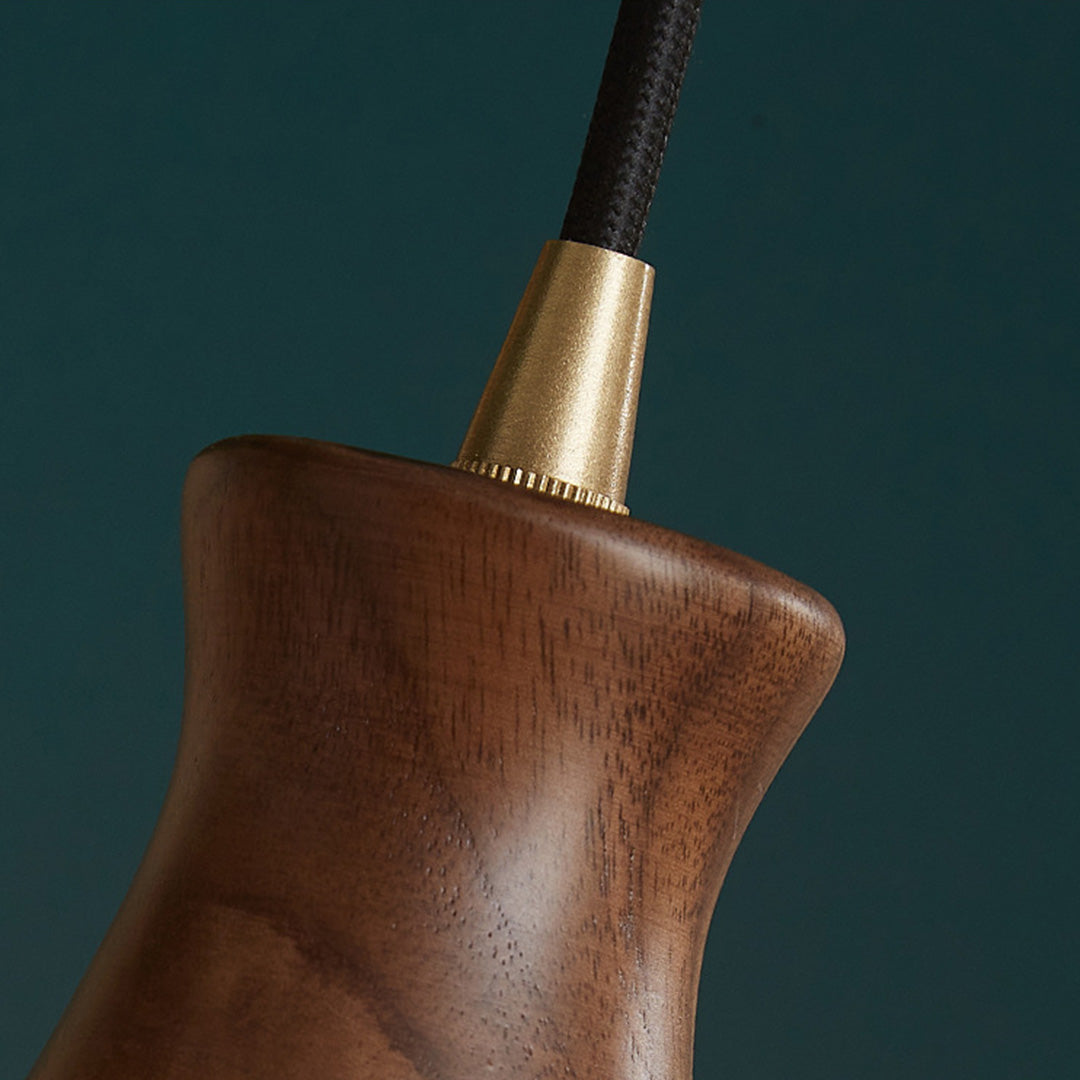 Walnut Wood Pendant Light with Brass Accents and Glass Shade