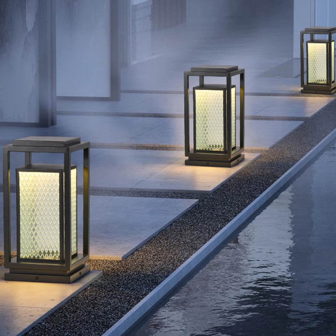 Industrial Outdoor Glass Lantern Bollard Light, Weatherproof Black Square Lawn Lamp