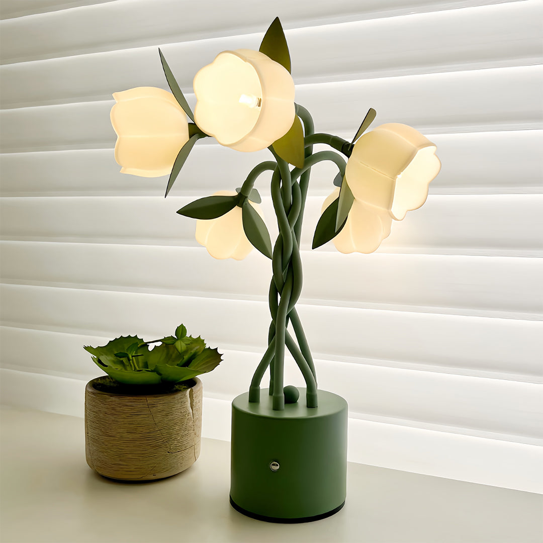 Vintage Green Floral Table Lamp with Flexible Stems, 5-Head Designer Desk Light