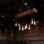 American Vintage Iron and Wood Linear Pendant Light, 10-Light