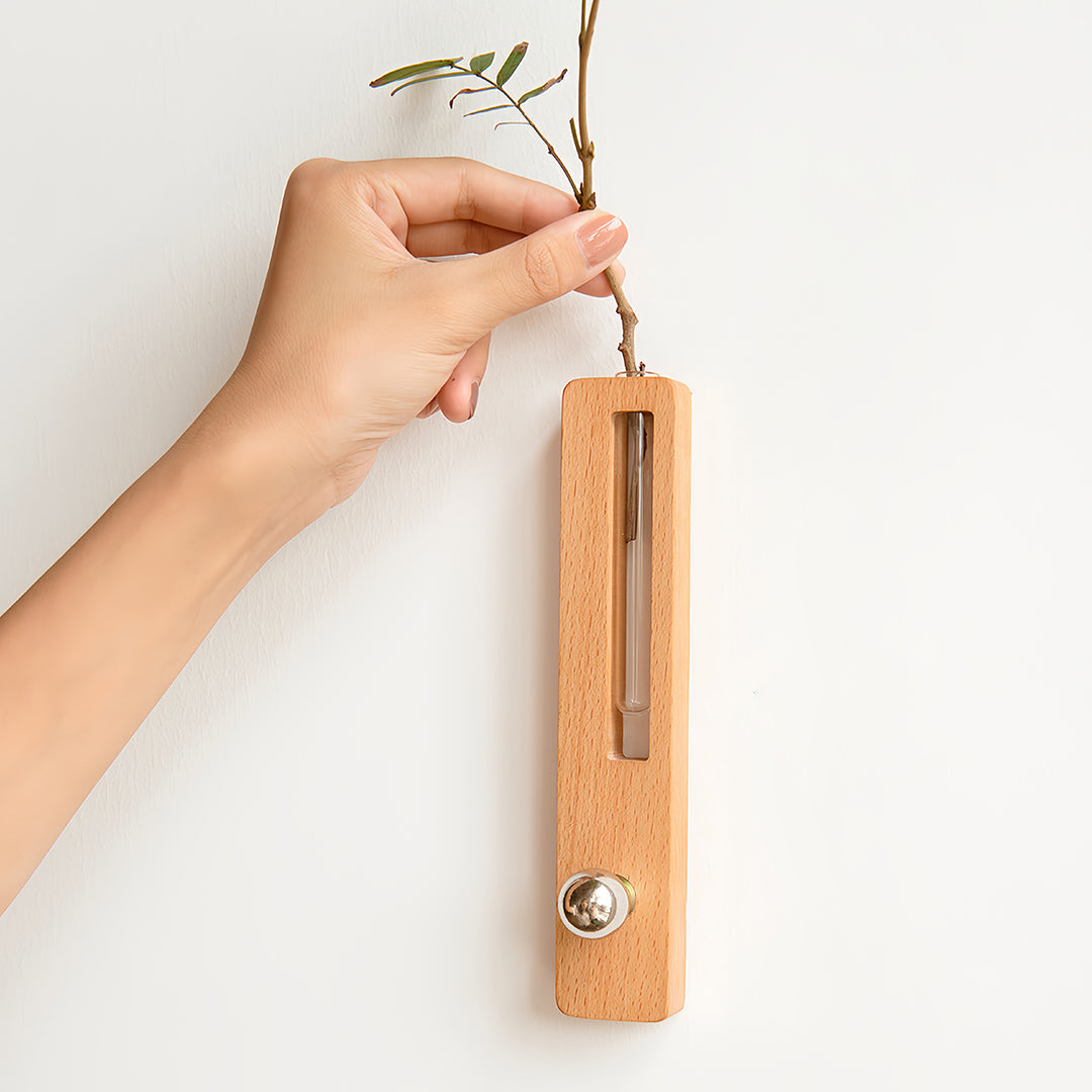 Minimalist Wooden Wall Sconce with Glass Vase and Wireless Magnetic Design