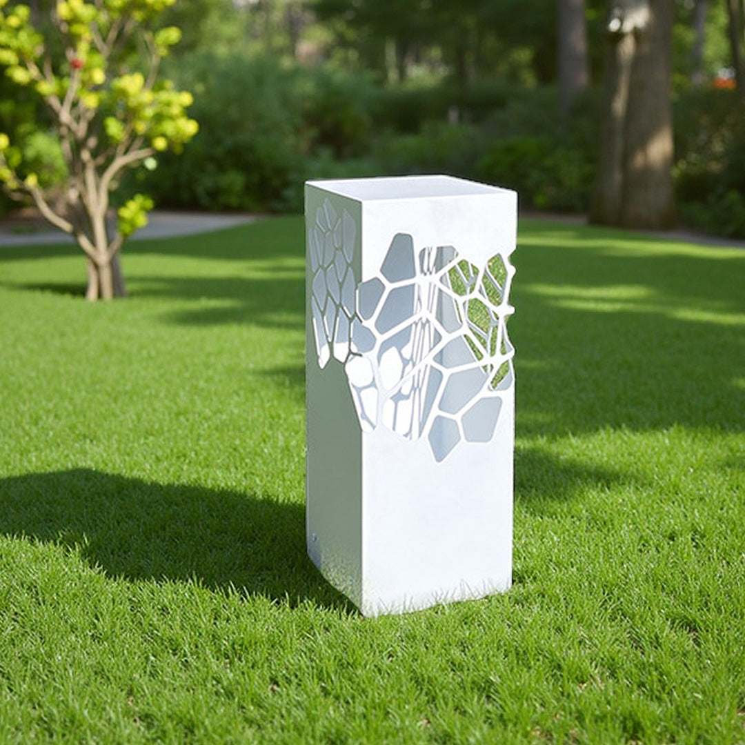 Modern White Outdoor Bollard Light with Hollow Pattern, IP65 Waterproof LED Landscape Lighting