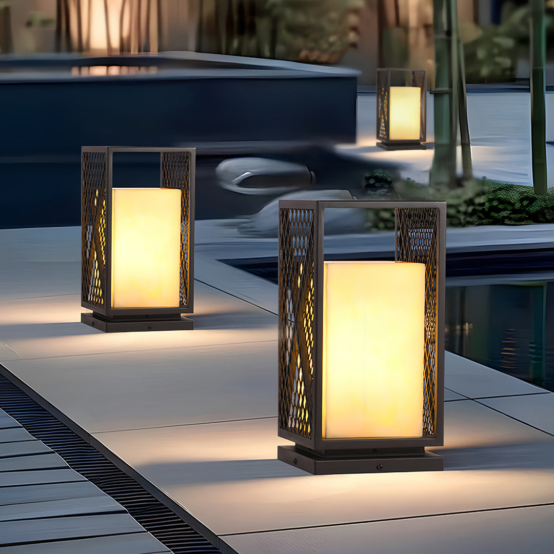 Black Outdoor Floor Lantern with Marble-Textured Shade, IP65 Waterproof Bollard Light