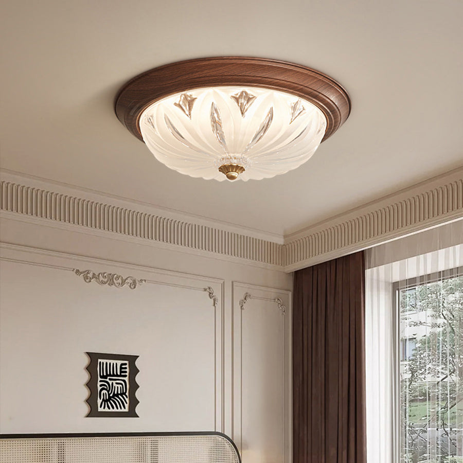 Walnut Retro Flush Mount Ceiling Light with Clear Glass Shade