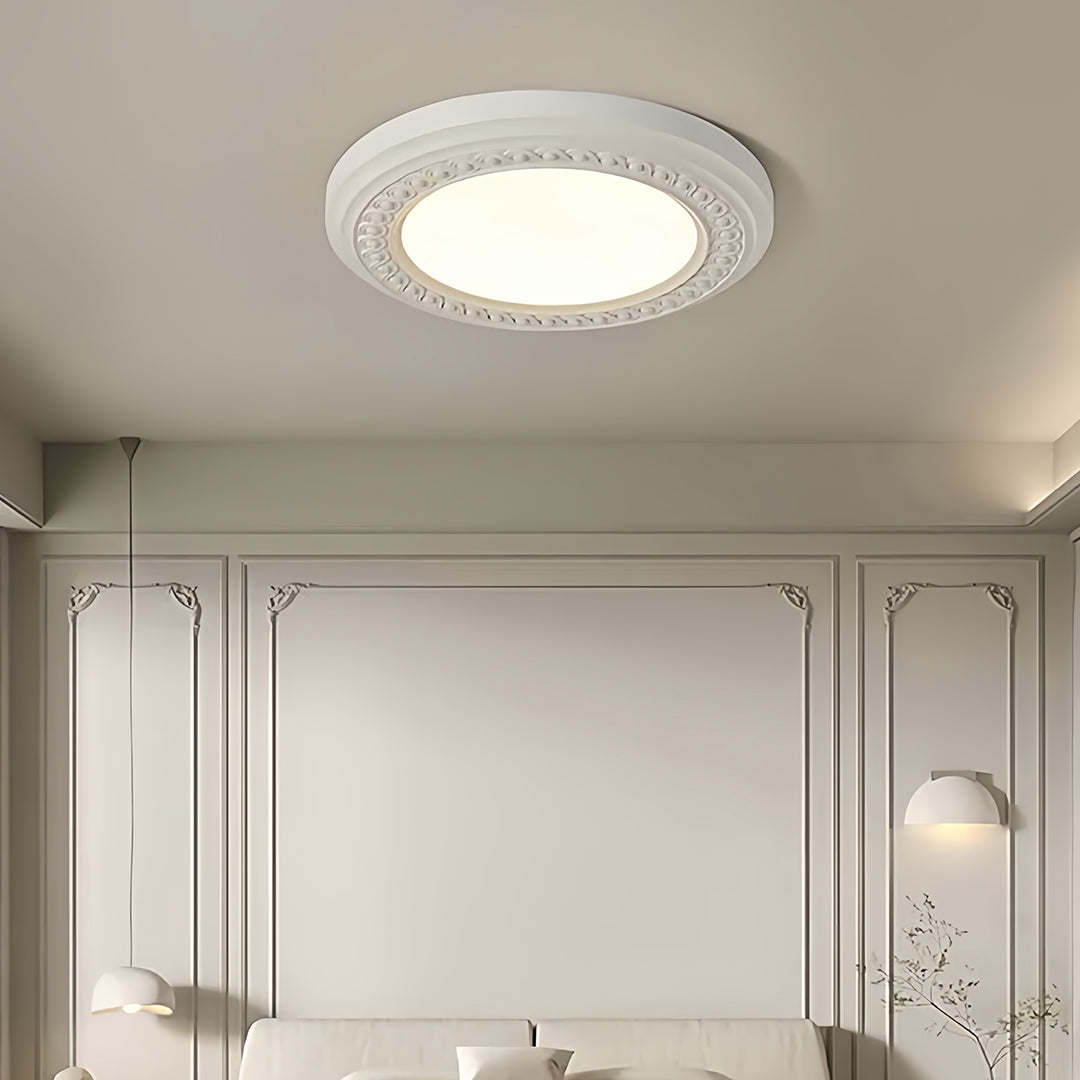French Retro Flush Mount Ceiling Light with Carved Resin and Acrylic Shade