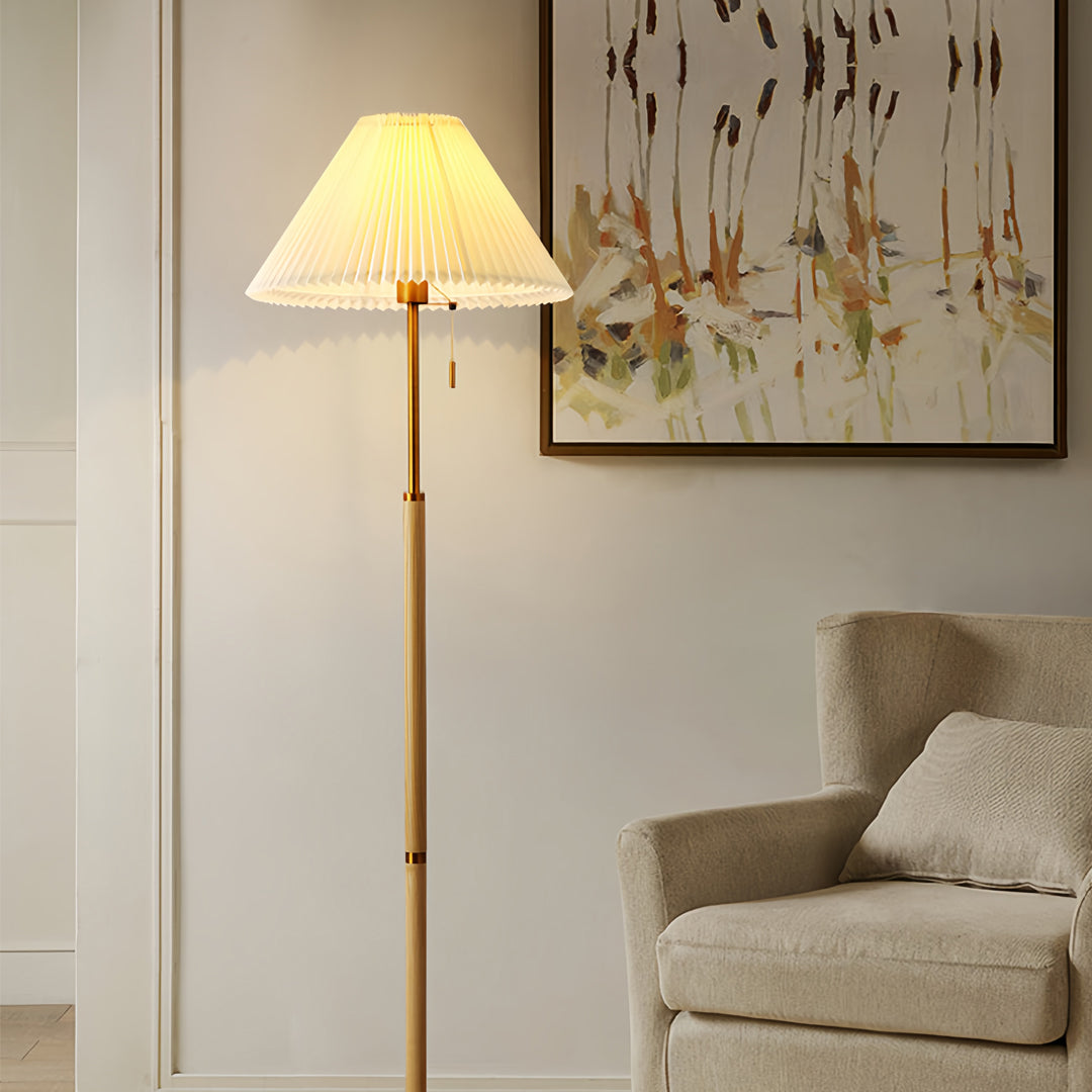 Sculptural Wooden Floor Lamp with Pleated Fabric Shade