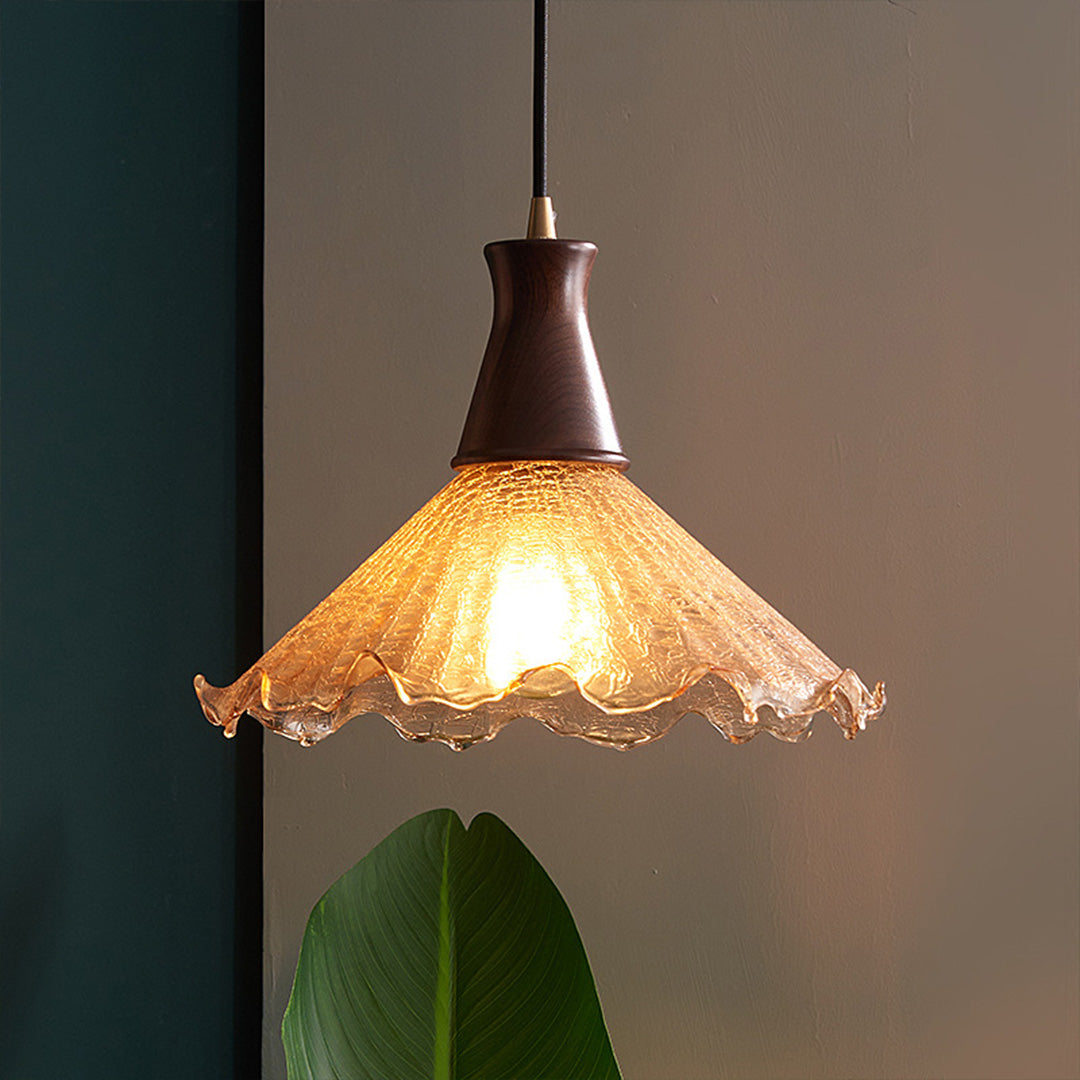 Vintage Brass Pendant Light with Walnut Wood and Cracked Glass Shade
