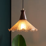 Vintage Brass Pendant Light with Walnut Wood and Cracked Glass Shade