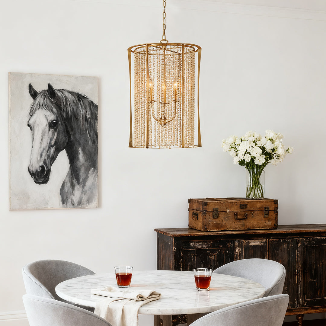 Handcrafted Wood Bead Chandelier with Gold Finish, 3-Light Candle Sockets