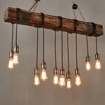 American Vintage Iron and Wood Linear Pendant Light, 10-Light