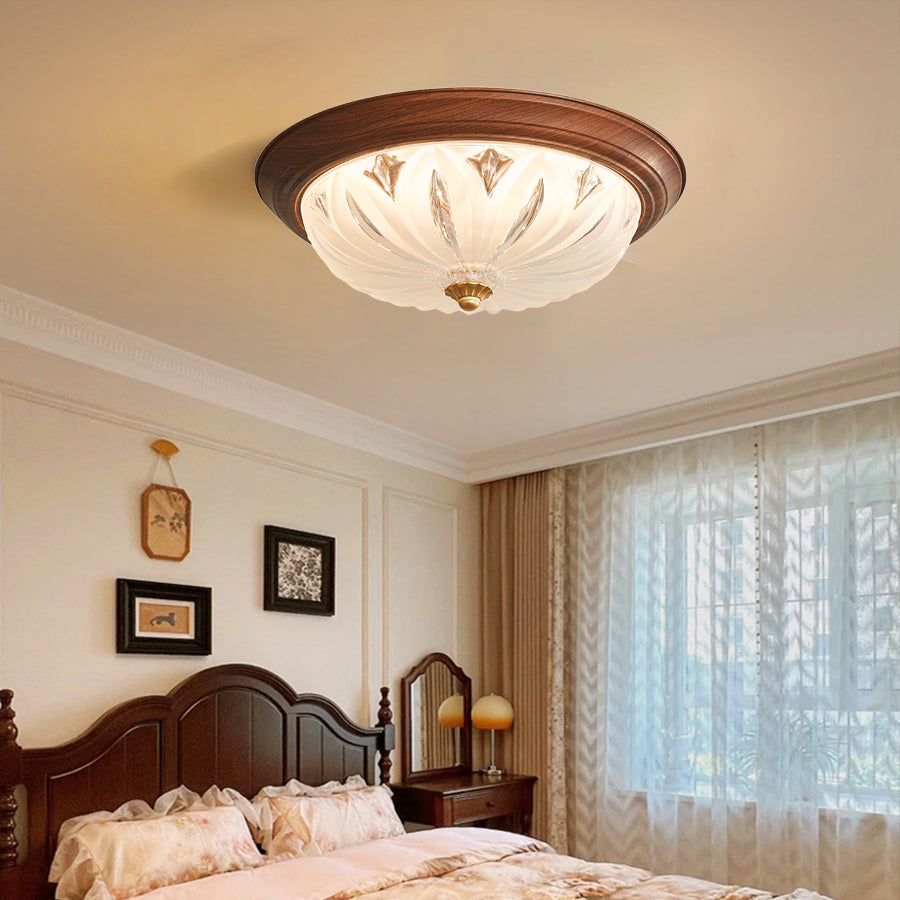 Walnut Retro Flush Mount Ceiling Light with Clear Glass Shade