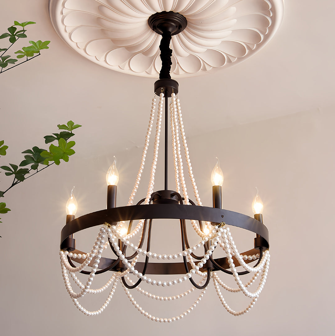 French Pearl Wrought Iron Chandelier with Adjustable Chain