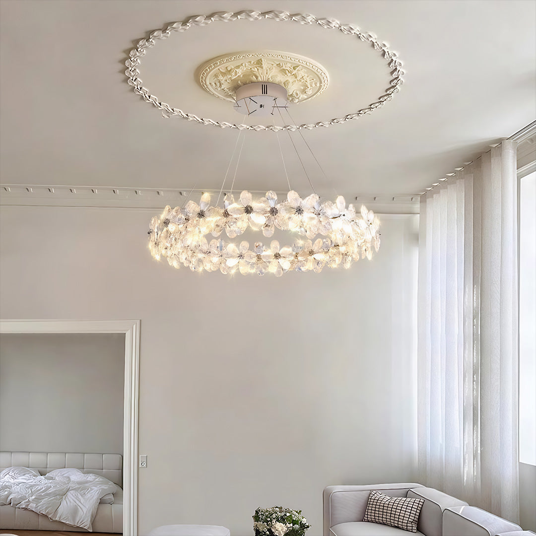 French Crystal Flower Chandelier for Dining Room, Modern LED Pendant Light