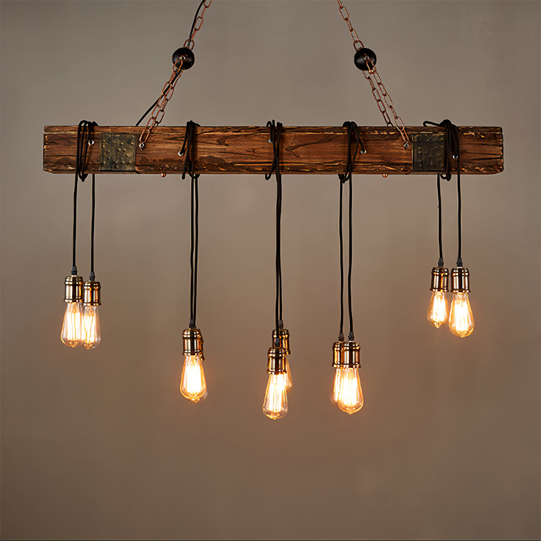 American Vintage Iron and Wood Linear Pendant Light, 10-Light