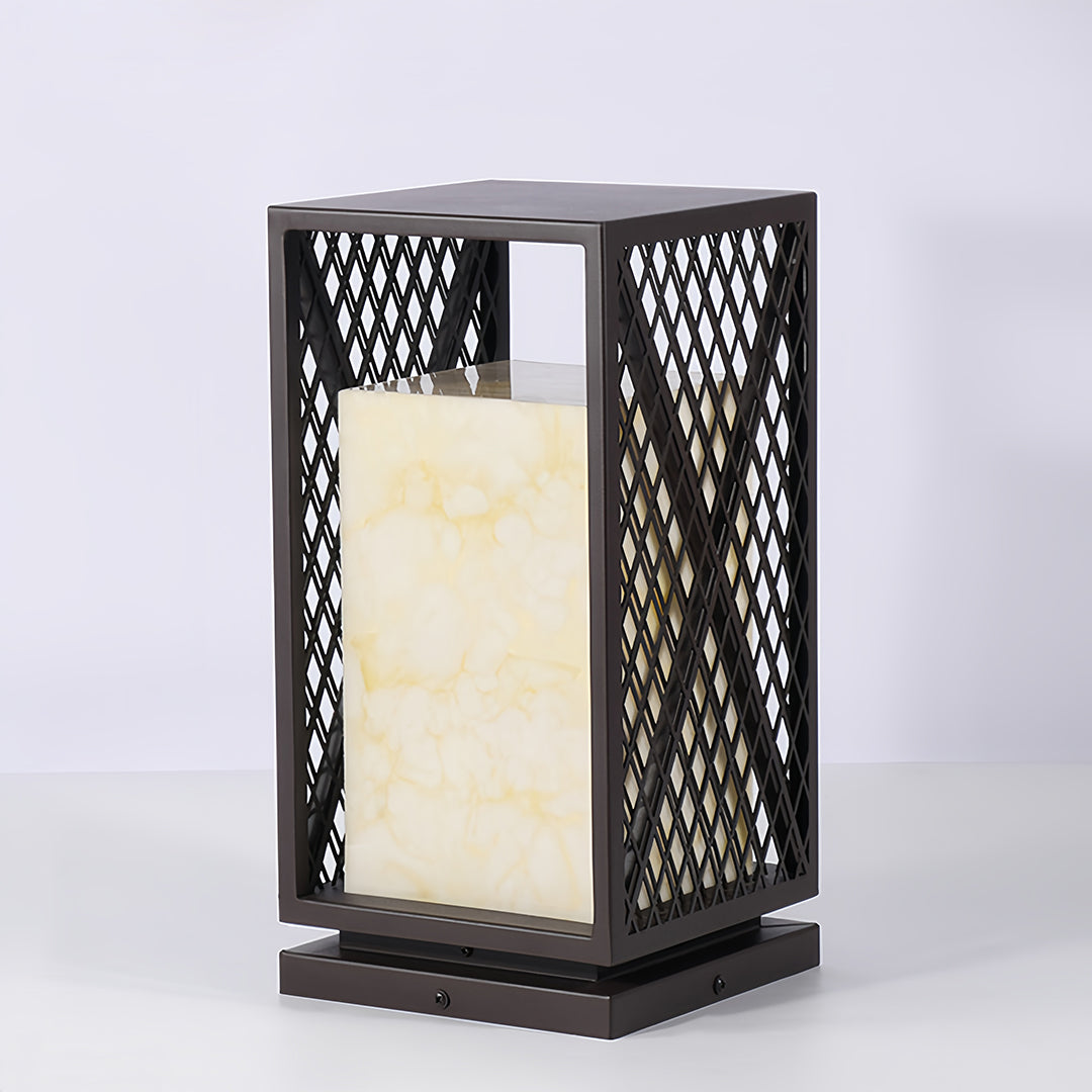 Black Outdoor Floor Lantern with Marble-Textured Shade, IP65 Waterproof Bollard Light