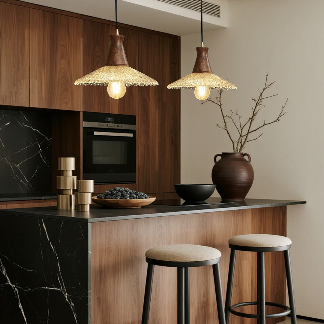 Walnut Wood Pendant Light with Brass Accents and Glass Shade