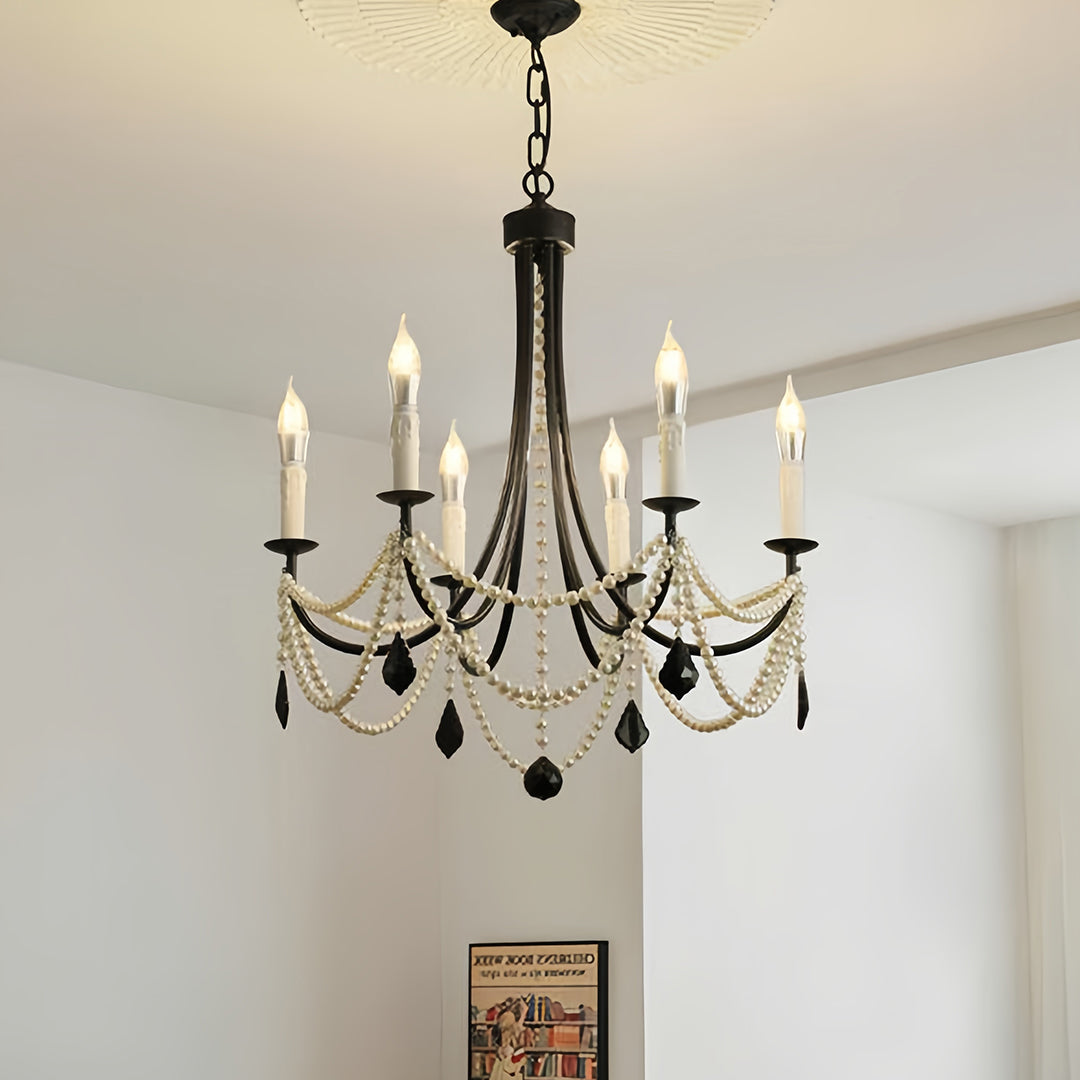 Pearl Crystal Chandelier in Black Iron – Artistic Ceiling Light for Elegant Interiors