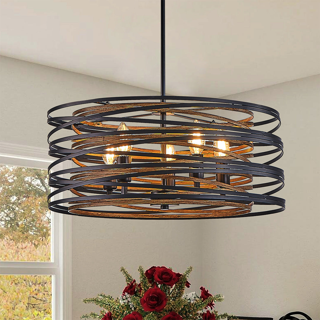 Walnut Accent Black Iron Drum Pendant Light, Adjustable Cylinder Ceiling Lamp