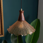 Vintage Brass Pendant Light with Walnut Wood and Cracked Glass Shade