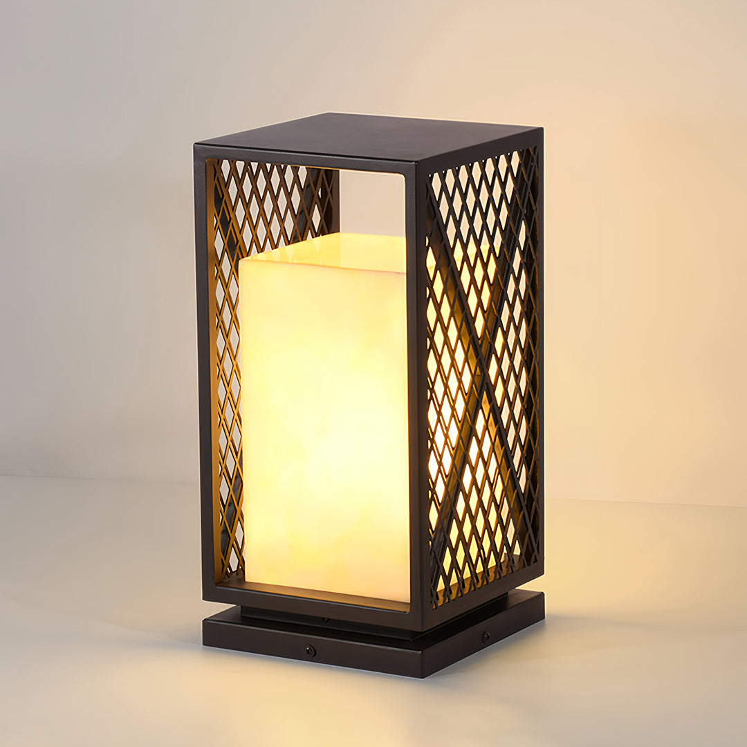 Black Outdoor Floor Lantern with Marble-Textured Shade, IP65 Waterproof Bollard Light