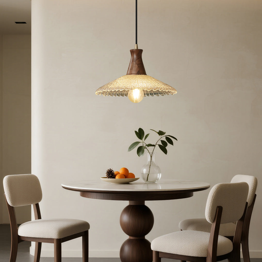 Walnut Wood Pendant Light with Brass Accents and Glass Shade