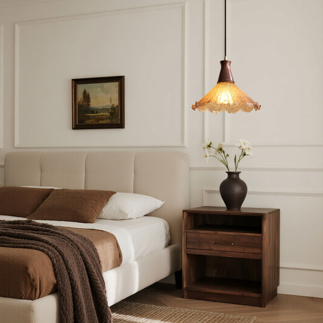 Vintage Brass Pendant Light with Walnut Wood and Cracked Glass Shade