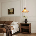 Vintage Brass Pendant Light with Walnut Wood and Cracked Glass Shade