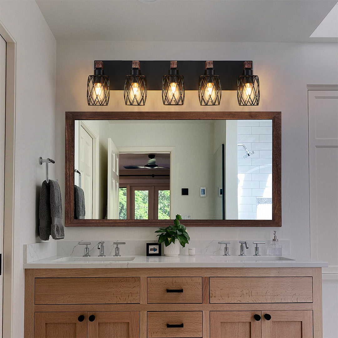 Black Metal Cage Vanity Light with Walnut Accents for Bathroom Mirror