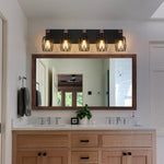 Black Metal Cage Vanity Light with Walnut Accents for Bathroom Mirror