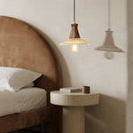 Walnut Wood Pendant Light with Brass Accents and Glass Shade
