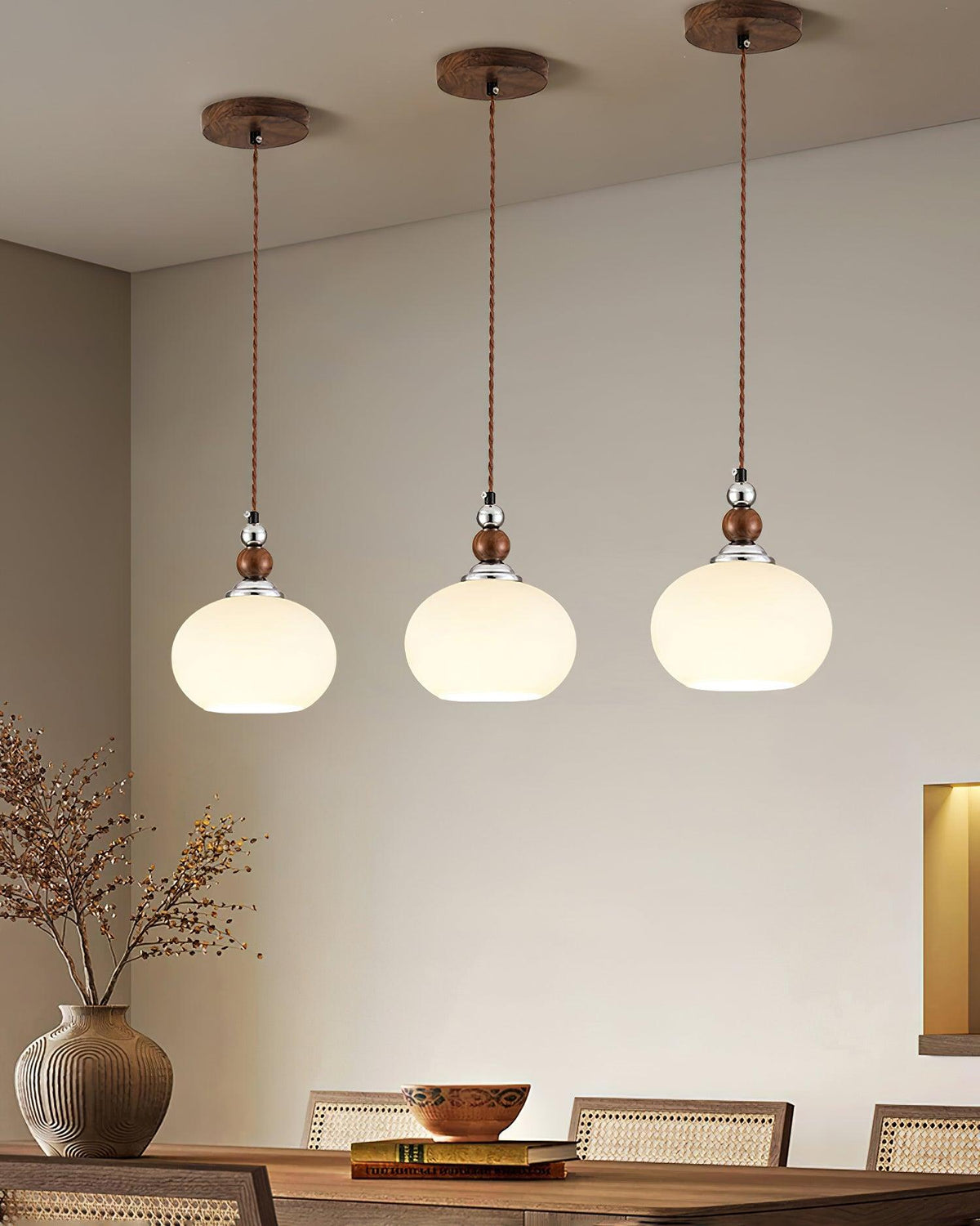 Yisi Po Pendant Light in Black Walnut and Glass, Modern Minimalist Hanging Lamp for Dining and Living Areas