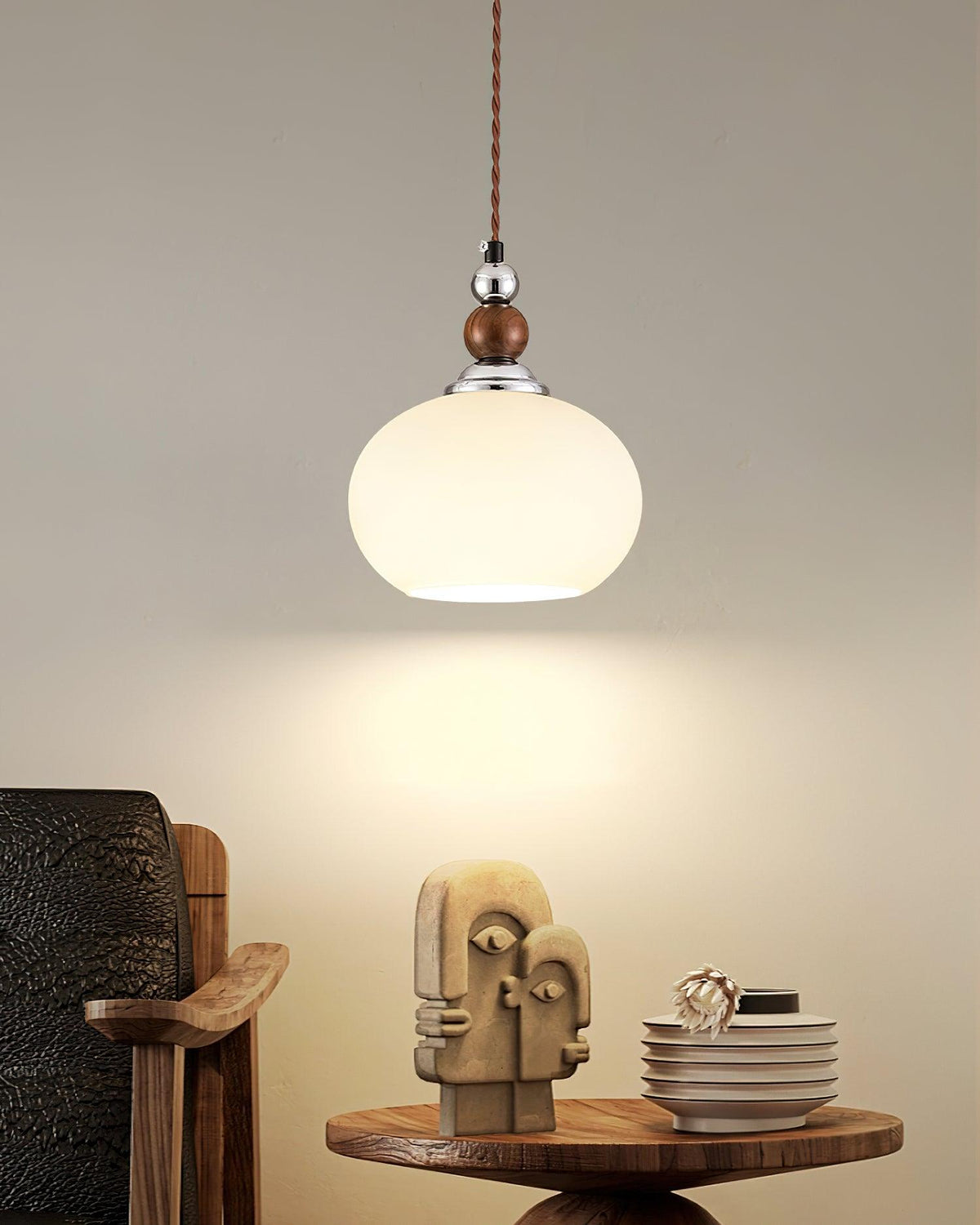 Yisi Po Pendant Light in Black Walnut and Glass, Modern Minimalist Hanging Lamp for Dining and Living Areas