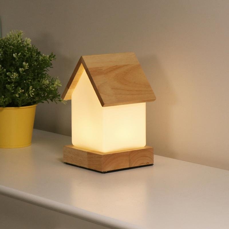 Small House LED Table Lamp in Natural Wood and Frosted Glass for Kids' Rooms