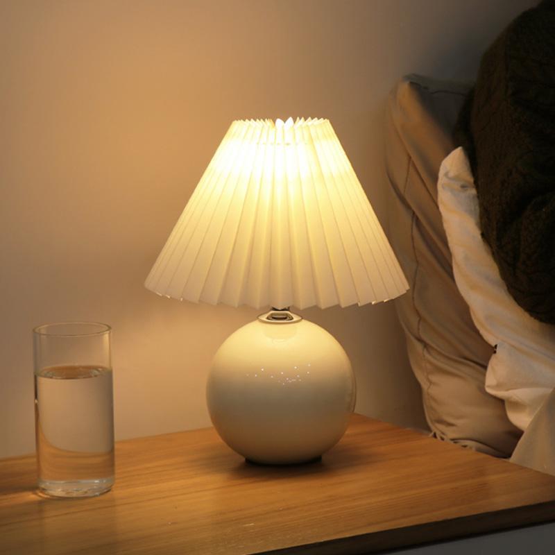 Modern White Globe Ceramic And Pleated Table Lamp
