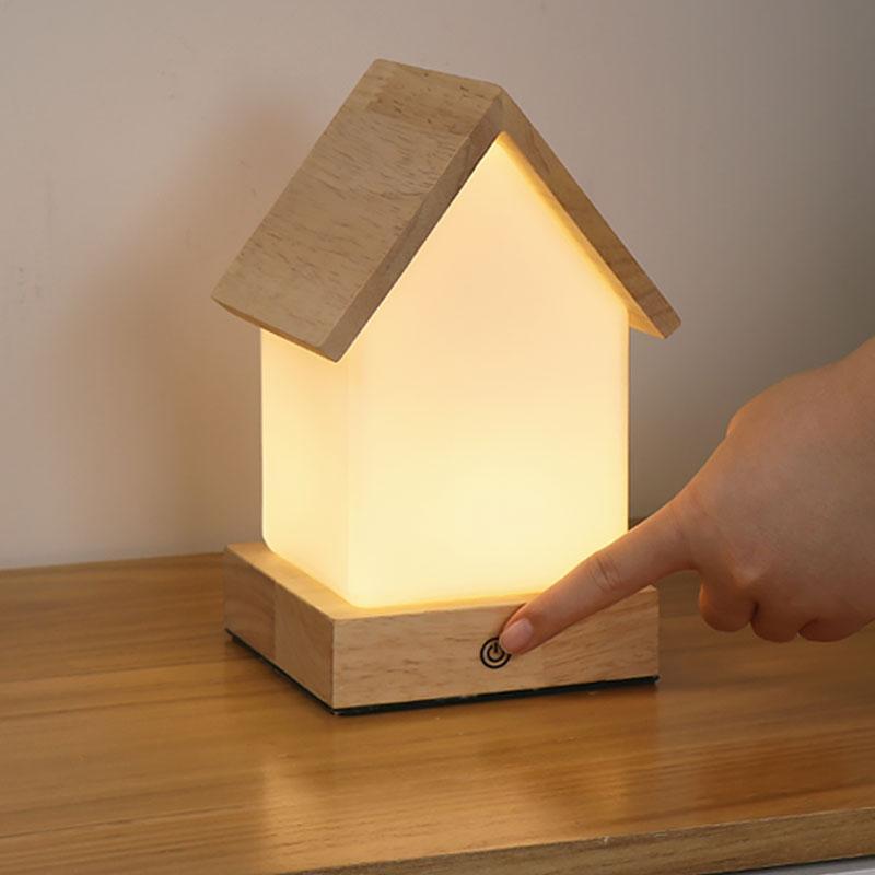 Small House LED Table Lamp in Natural Wood and Frosted Glass for Kids' Rooms