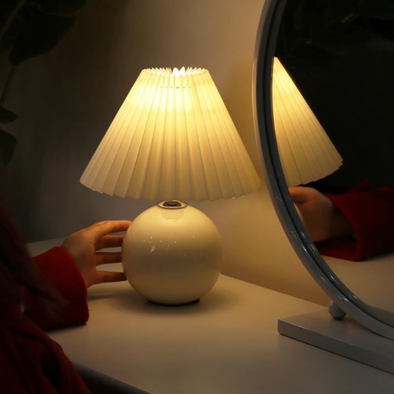Modern White Globe Ceramic And Pleated Table Lamp