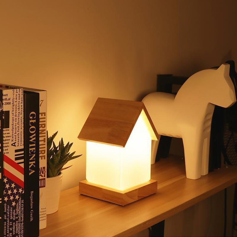 Small House LED Table Lamp in Natural Wood and Frosted Glass for Kids' Rooms
